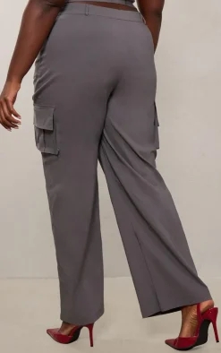 Hot PrettyLittleThing Plus Cargo Pocket Detail Wide Leg Pant Grey