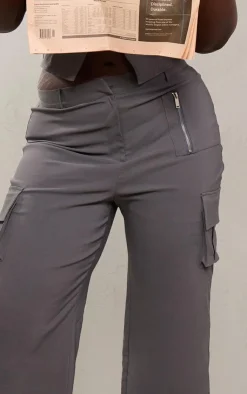 Hot PrettyLittleThing Plus Cargo Pocket Detail Wide Leg Pant Grey