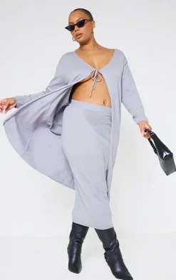 Hot PrettyLittleThing Plus Knitted Slouchy Midi Skirt Grey