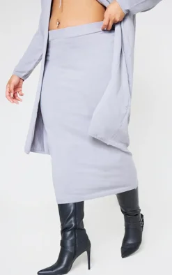 Hot PrettyLittleThing Plus Knitted Slouchy Midi Skirt Grey