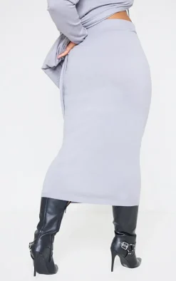 Hot PrettyLittleThing Plus Knitted Slouchy Midi Skirt Grey