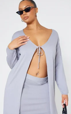Hot PrettyLittleThing Plus Knitted Slouchy Midi Skirt Grey