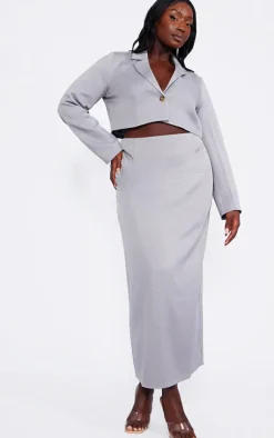 Sale PrettyLittleThing Plus Linen Look Tailored Maxi Skirt Grey