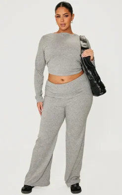 Best PrettyLittleThing Plus Fold Over Soft Touch Flared Pants Grey Marl