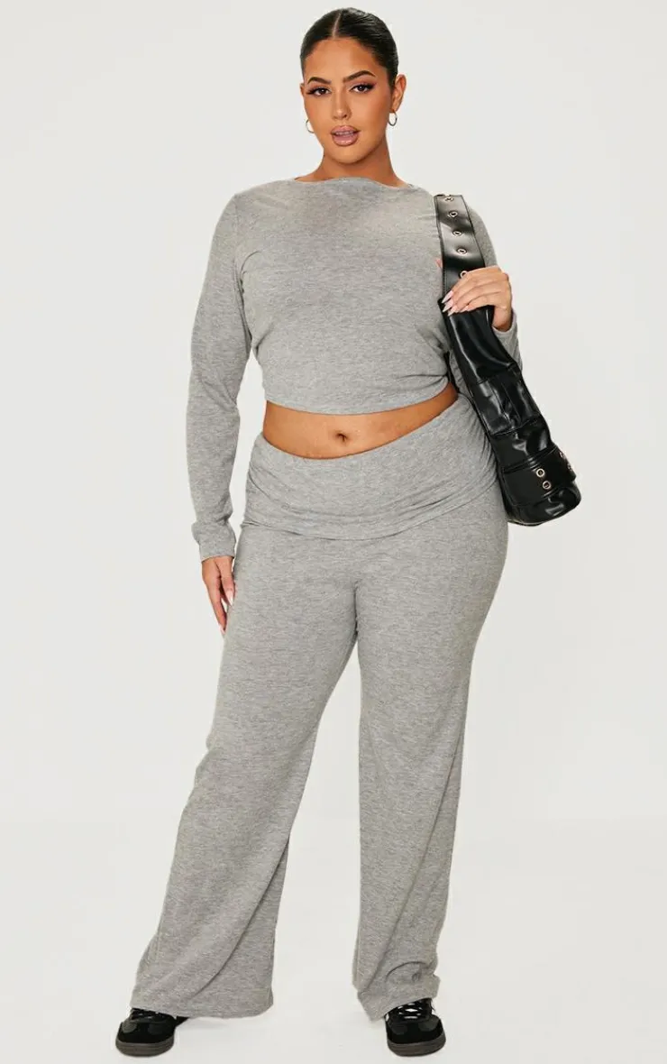 Best PrettyLittleThing Plus Fold Over Soft Touch Flared Pants Grey Marl