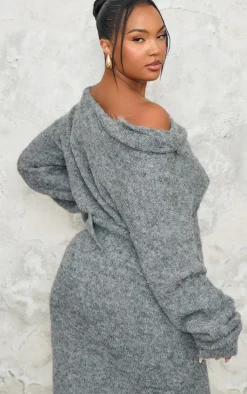 Sale PrettyLittleThing Plus Marl Knit Asymmetric Overlay Oversized Sweater Grey