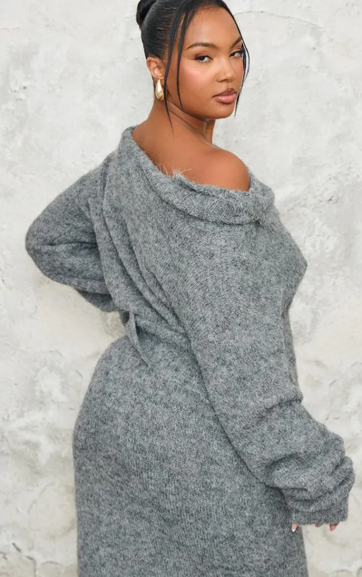 Sale PrettyLittleThing Plus Marl Knit Asymmetric Overlay Oversized Sweater Grey