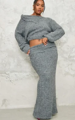 Sale PrettyLittleThing Plus Marl Knit Asymmetric Overlay Oversized Sweater Grey