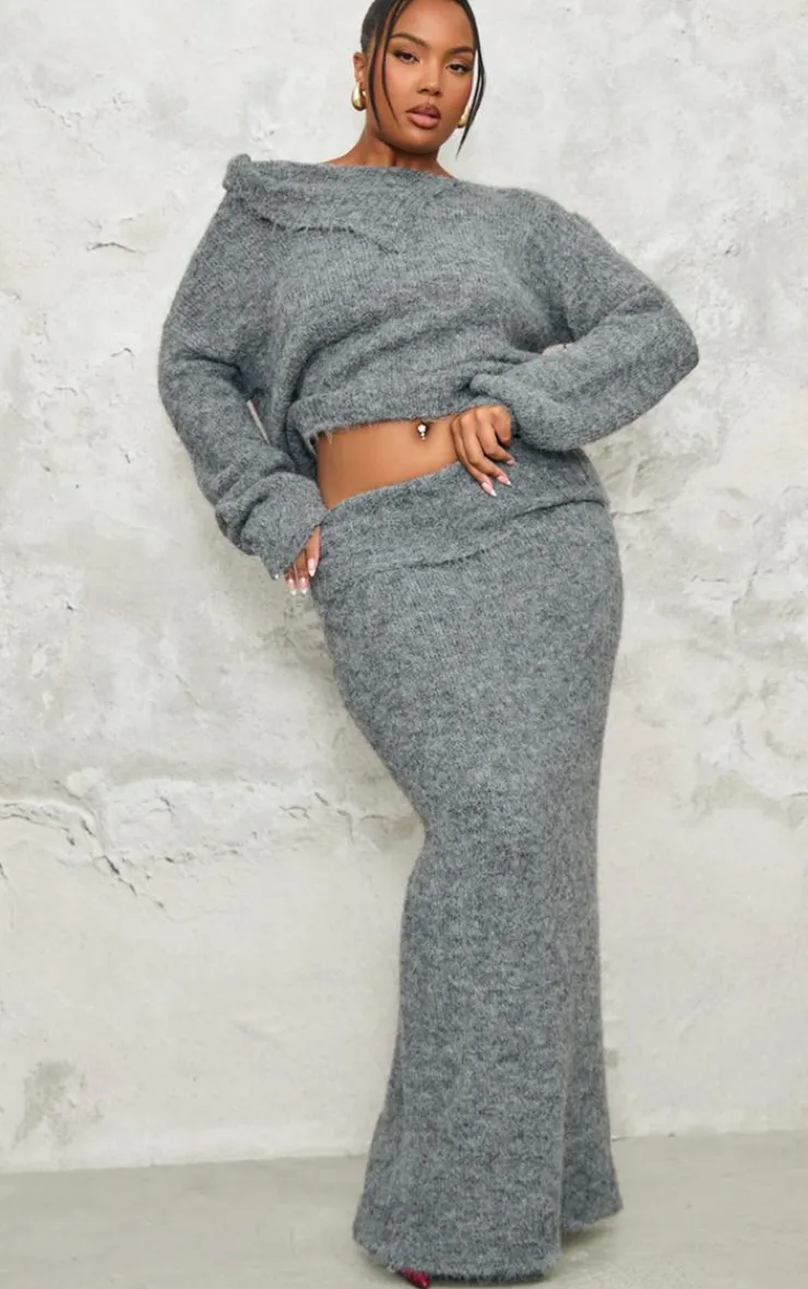 Sale PrettyLittleThing Plus Marl Knit Asymmetric Overlay Oversized Sweater Grey