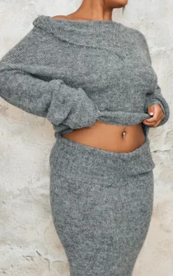 Sale PrettyLittleThing Plus Marl Knit Asymmetric Overlay Oversized Sweater Grey