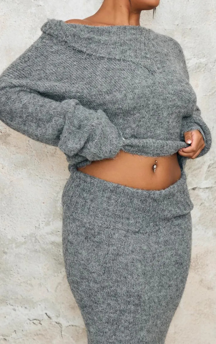 Sale PrettyLittleThing Plus Marl Knit Asymmetric Overlay Oversized Sweater Grey