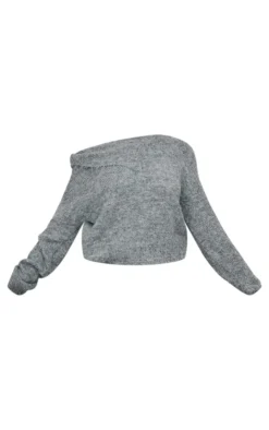 Sale PrettyLittleThing Plus Marl Knit Asymmetric Overlay Oversized Sweater Grey