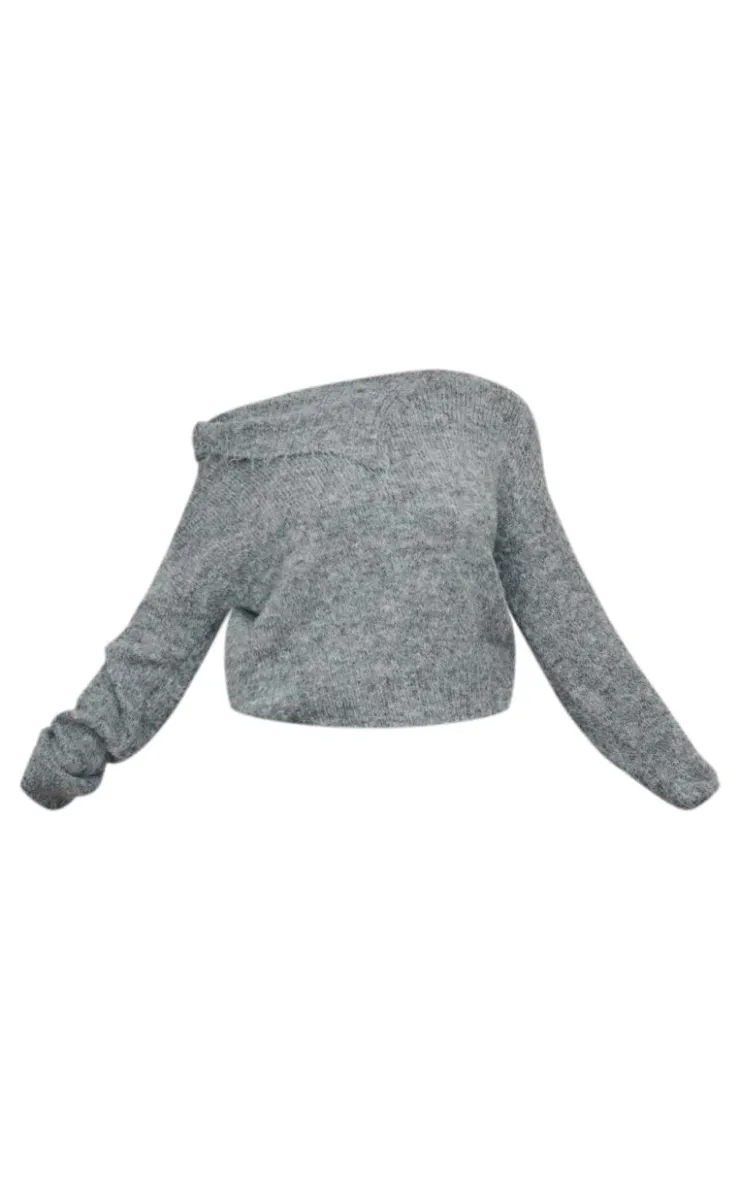 Sale PrettyLittleThing Plus Marl Knit Asymmetric Overlay Oversized Sweater Grey