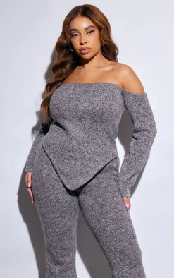 Online PrettyLittleThing Plus Marl Knit Bardot Corset Style Top Grey