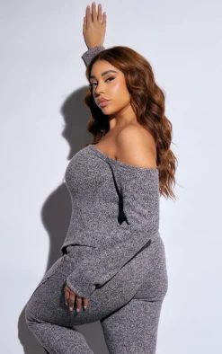 Online PrettyLittleThing Plus Marl Knit Bardot Corset Style Top Grey