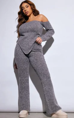 Online PrettyLittleThing Plus Marl Knit Bardot Corset Style Top Grey