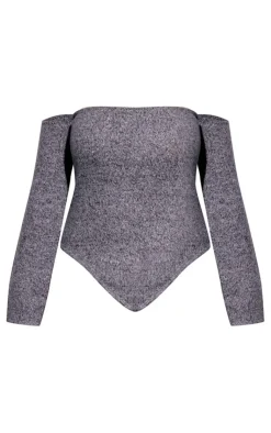 Online PrettyLittleThing Plus Marl Knit Bardot Corset Style Top Grey