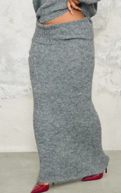 Sale PrettyLittleThing Plus Marl Knit Foldover Maxi Skirt Grey