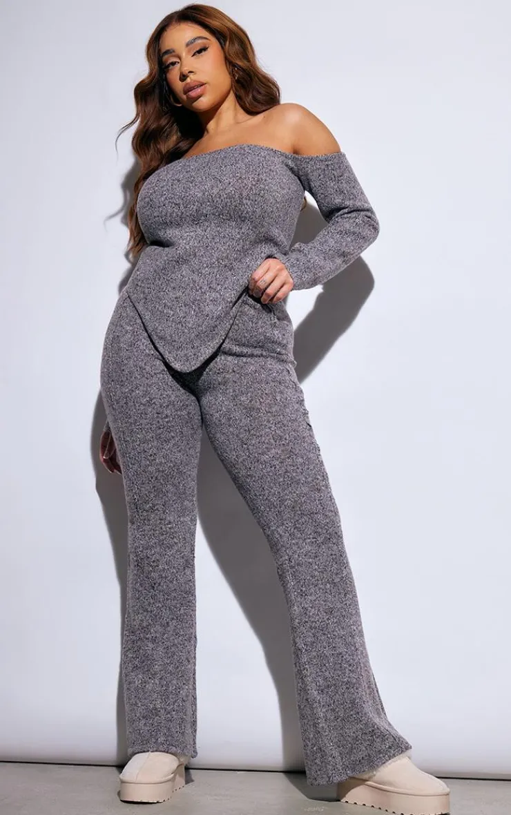Best PrettyLittleThing Plus Marl Knit Wide Leg Pants Grey