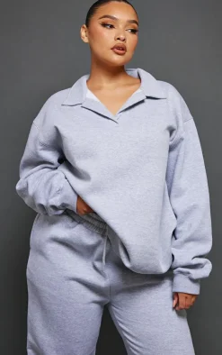 Hot PrettyLittleThing Plus Open Collar Sweatshirt Grey Marl