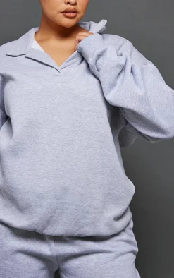 Hot PrettyLittleThing Plus Open Collar Sweatshirt Grey Marl