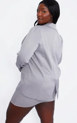 Outlet PrettyLittleThing Plus Oversized Linen Look Blazer Grey