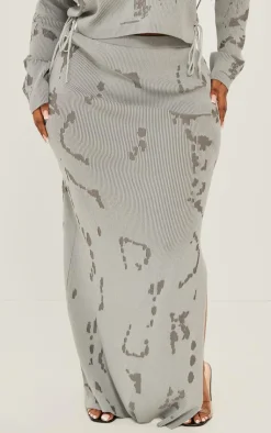 Online PrettyLittleThing Plus Rib Knit Distressed Detailing Maxi Skirt Grey