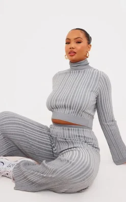 Hot PrettyLittleThing Plus Rib Knitted Roll Neck Sweater Grey