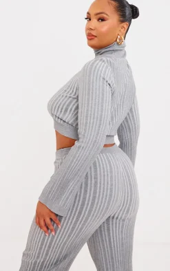 Hot PrettyLittleThing Plus Rib Knitted Roll Neck Sweater Grey