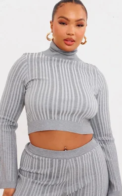 Hot PrettyLittleThing Plus Rib Knitted Roll Neck Sweater Grey