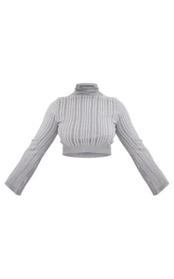 Hot PrettyLittleThing Plus Rib Knitted Roll Neck Sweater Grey
