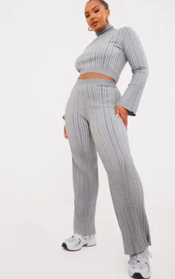 Outlet PrettyLittleThing Plus Rib Knitted Wide Leg Pants Grey