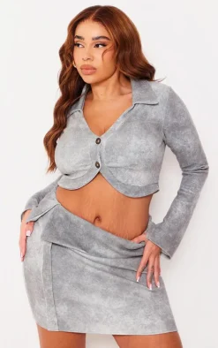 Outlet PrettyLittleThing Plus Ribbed Fold Over Button Detail Mini Skirt Grey