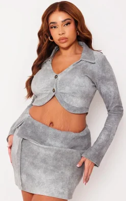 Hot PrettyLittleThing Plus Ribbed Long Sleeve Button Top Grey