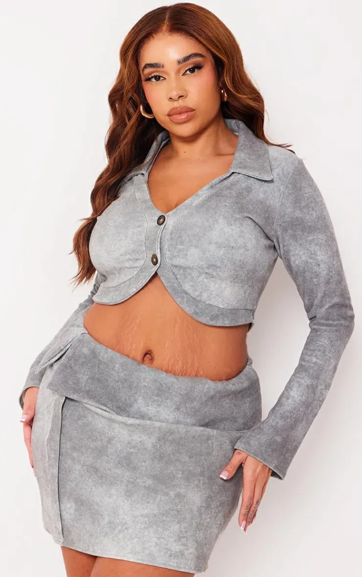 Hot PrettyLittleThing Plus Ribbed Long Sleeve Button Top Grey
