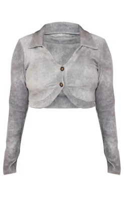 Hot PrettyLittleThing Plus Ribbed Long Sleeve Button Top Grey
