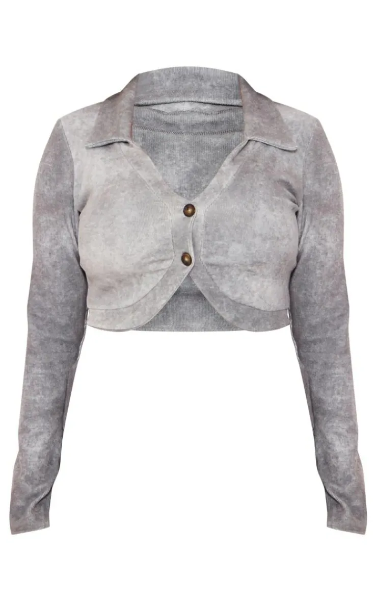 Hot PrettyLittleThing Plus Ribbed Long Sleeve Button Top Grey
