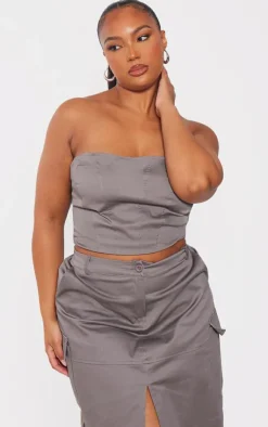 Online PrettyLittleThing Plus Grey Seam Detail Bandeau Corset Charcoal