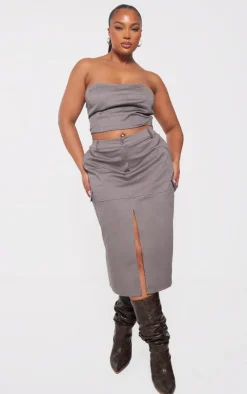 Online PrettyLittleThing Plus Grey Seam Detail Bandeau Corset Charcoal