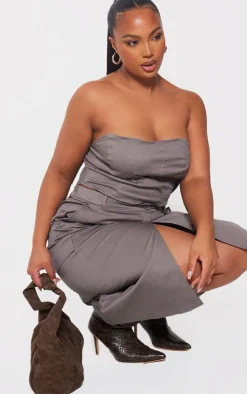 Online PrettyLittleThing Plus Grey Seam Detail Bandeau Corset Charcoal