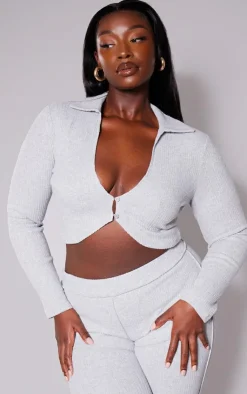 New PrettyLittleThing Plus Soft Rib Long Sleeve Crop Top Grey