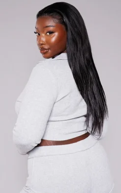 New PrettyLittleThing Plus Soft Rib Long Sleeve Crop Top Grey