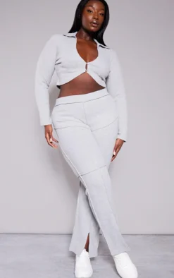 New PrettyLittleThing Plus Soft Rib Long Sleeve Crop Top Grey