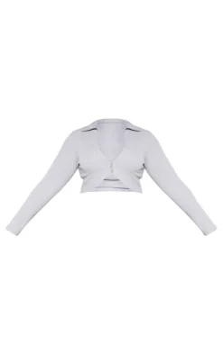 New PrettyLittleThing Plus Soft Rib Long Sleeve Crop Top Grey