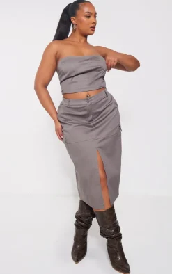Online PrettyLittleThing Plus Grey Split Front Cargo Skirt Charcoal