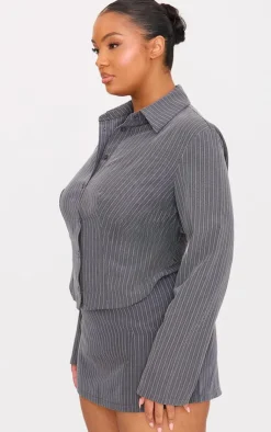 Online PrettyLittleThing Plus Tailored Woven Glitter Pinstripe Micro Mini Skirt Grey