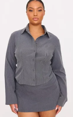 Online PrettyLittleThing Plus Tailored Woven Glitter Pinstripe Micro Mini Skirt Grey