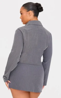 PrettyLittleThing Plus Tailored Woven Glitter Pinstripe Fitted Shirt Grey