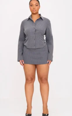 PrettyLittleThing Plus Tailored Woven Glitter Pinstripe Fitted Shirt Grey