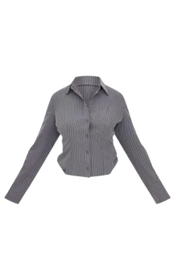 PrettyLittleThing Plus Tailored Woven Glitter Pinstripe Fitted Shirt Grey